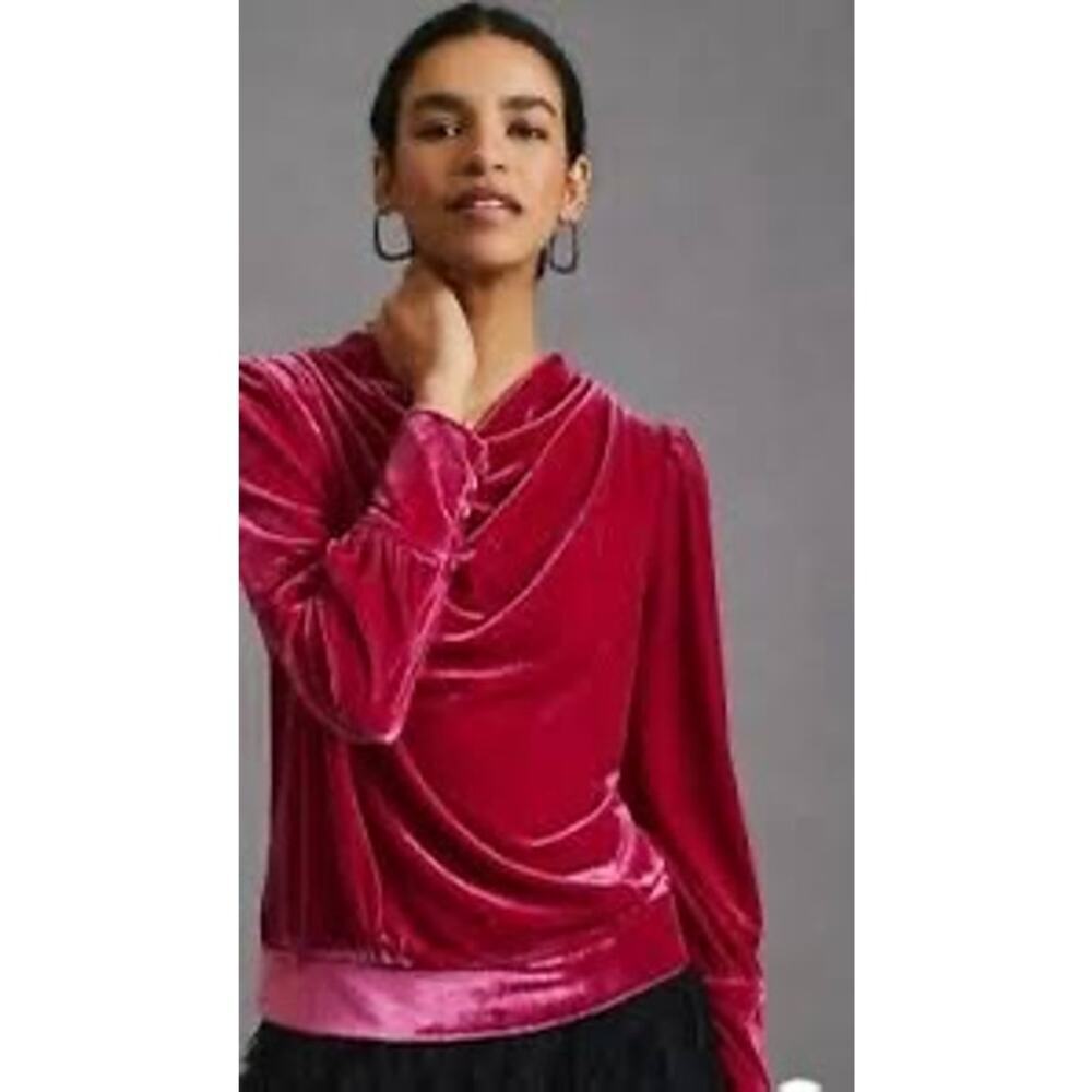 NWT Anthropologie Velvet Drape Neck Top  Hot Pink Raspberry Color  Sz S MSRP $78